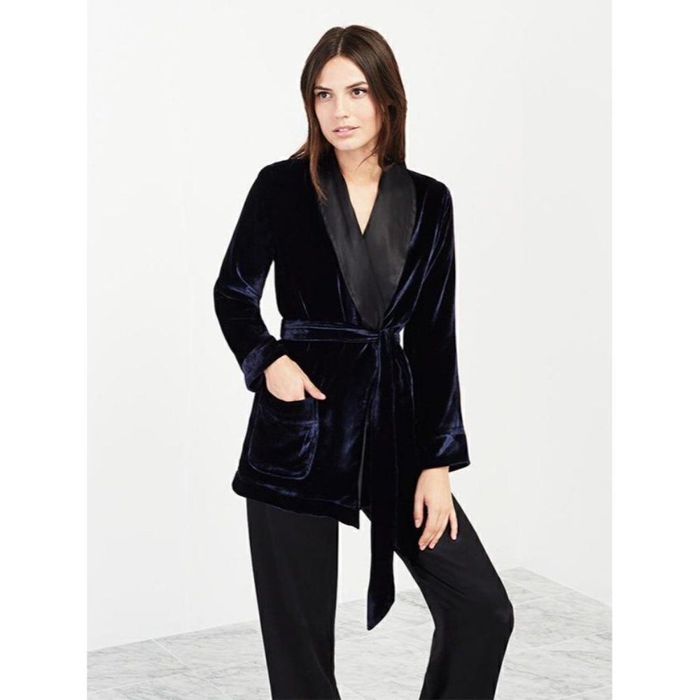 Reformation Hugh Velvet Belted Evening Smoking Jacket Small Blue Dressy Luxe